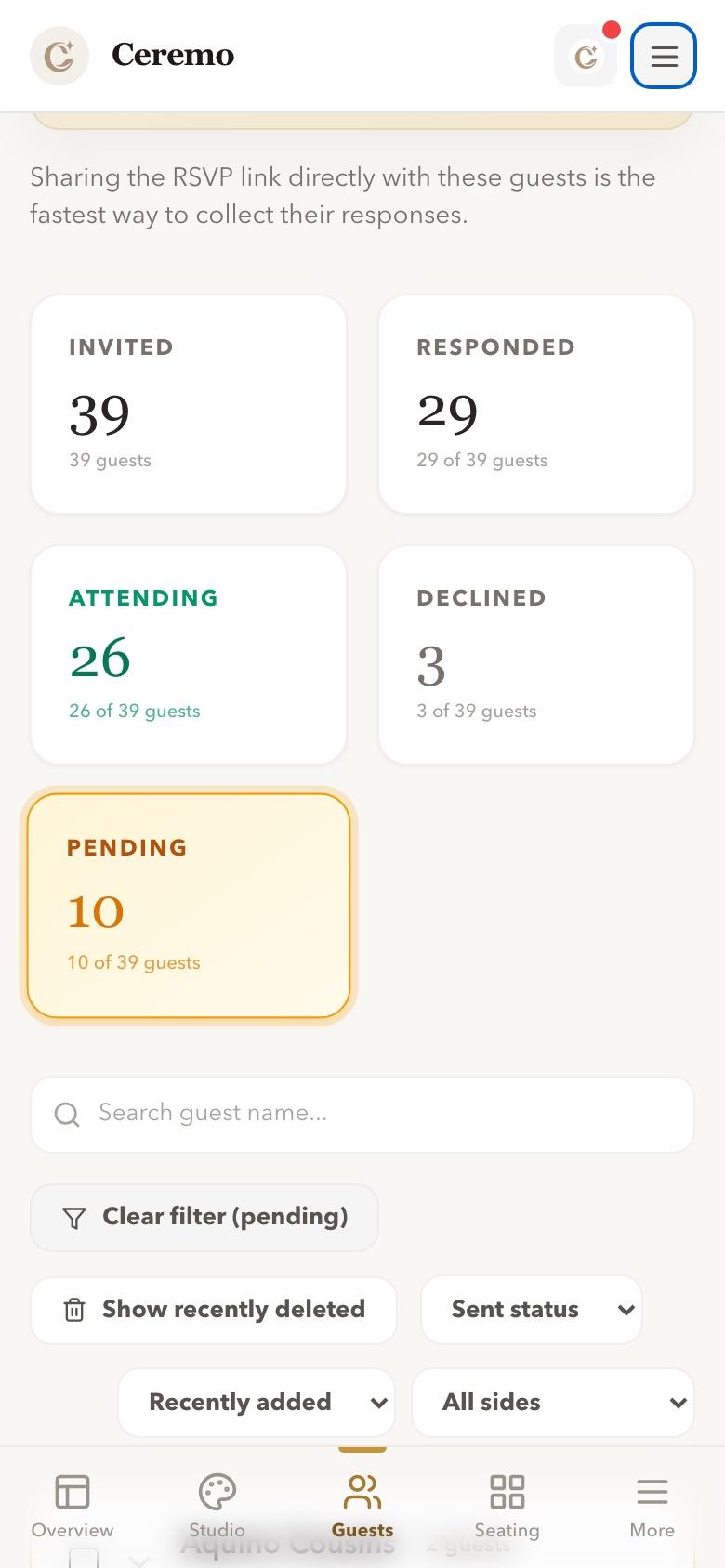 Ceremo guest dashboard: 39 invited, 29 responded, 26 attending, RSVP statuses updating live