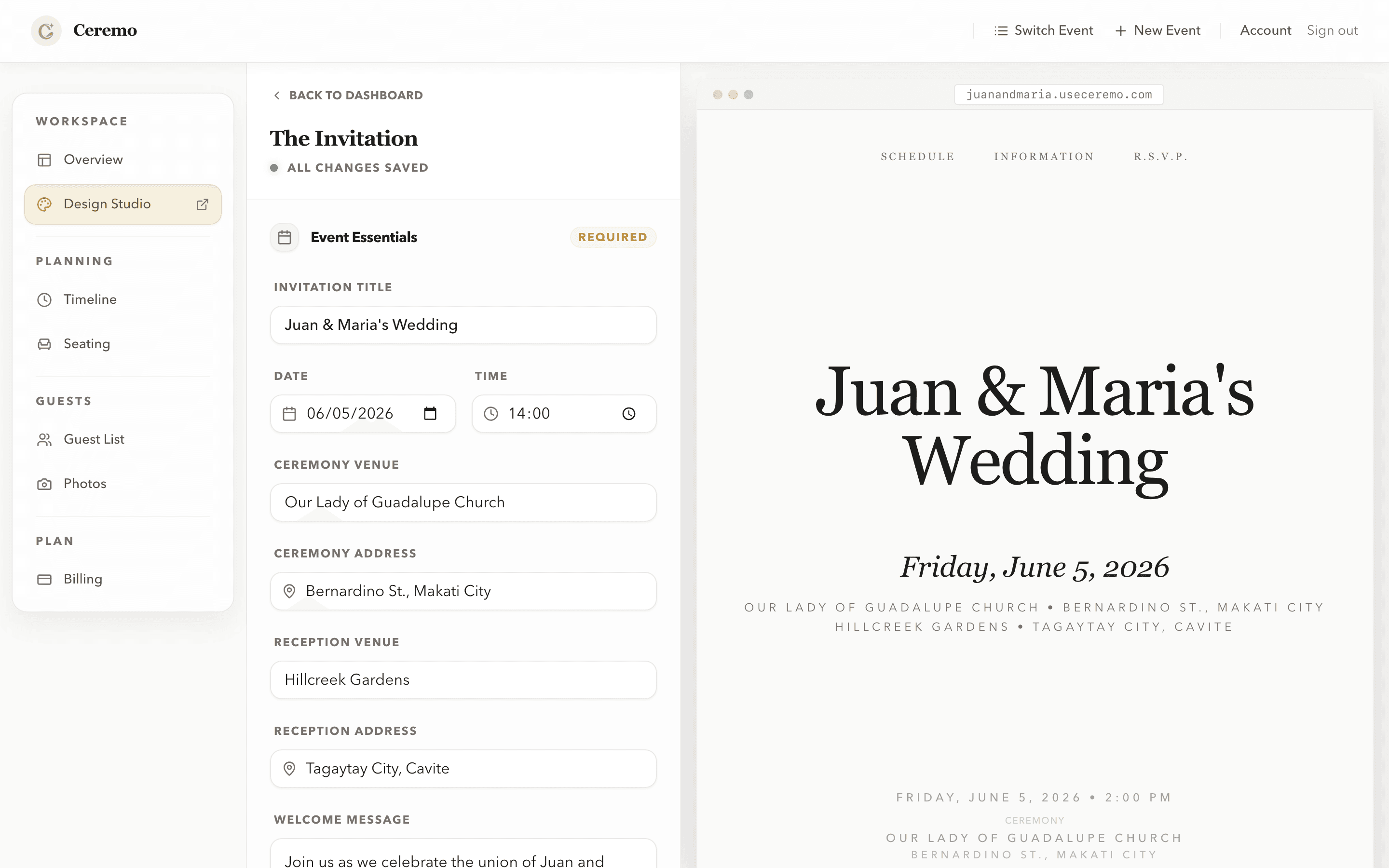 Ceremo invitation design studio with template customization