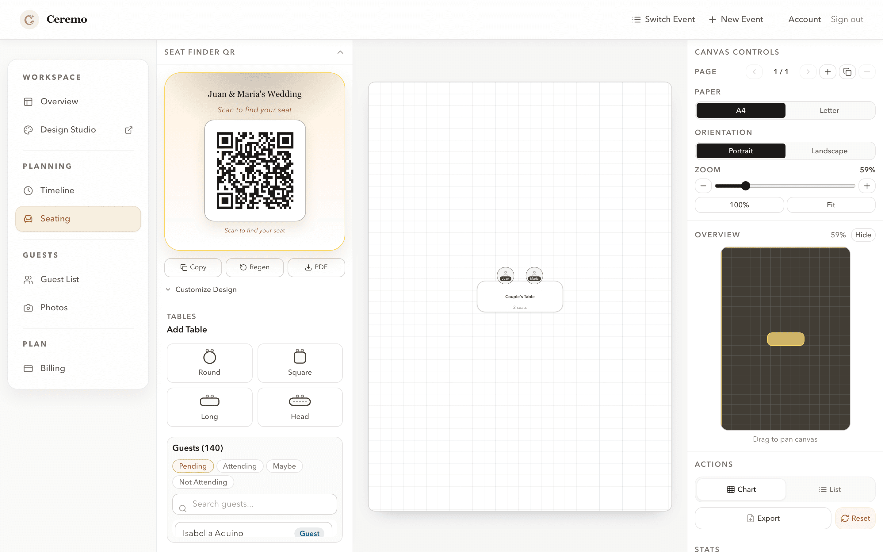 Ceremo seating planner with drag-and-drop table assignment