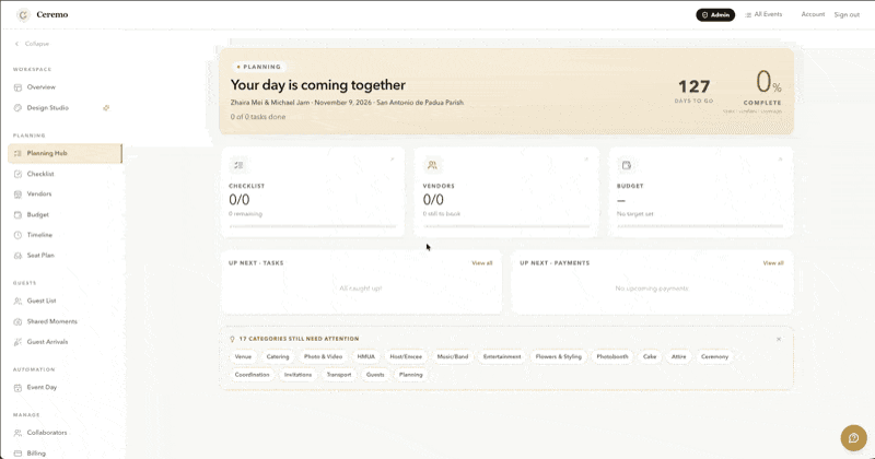 Ceremo planning tools showing wedding checklist, budget tracker, and vendor tracker