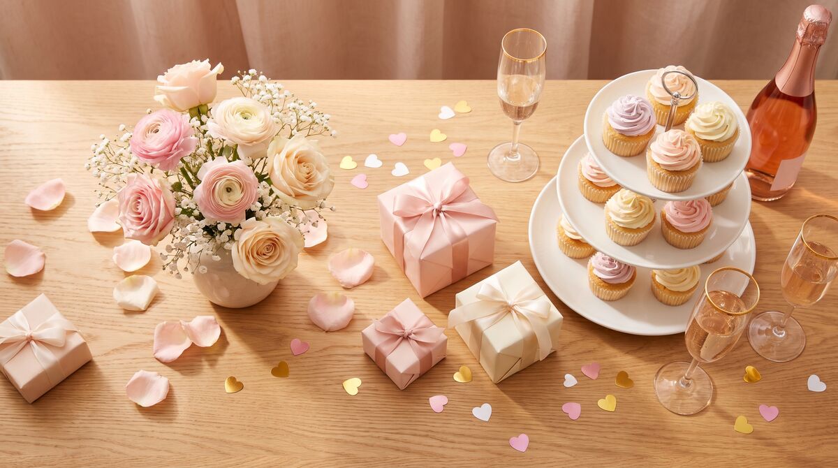 Bridal shower table with pastel pink flowers, wrapped gifts, a tiered cupcake stand, and champagne glasses on a wooden surface