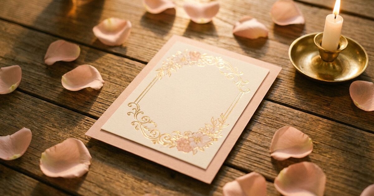 A debut invitation card with gold floral borders lying on a wooden table surrounded by pink rose petals and a lit candle in a brass holder