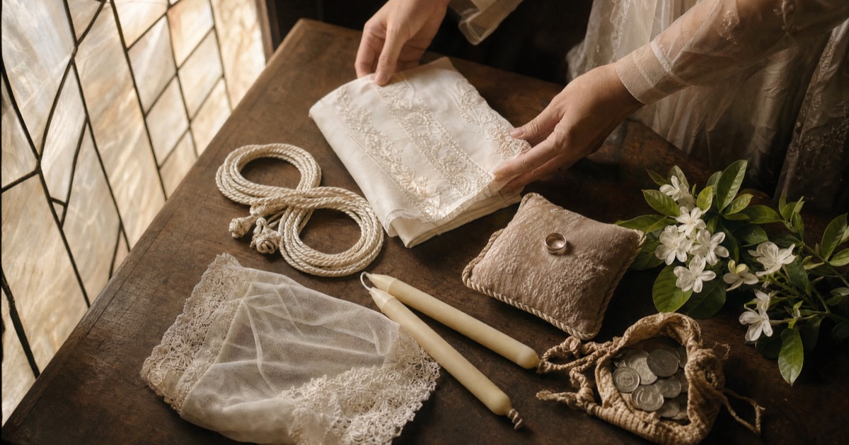 Hands folding an embroidered barong on a wooden table by a capiz window, beside a figure-eight wedding cord, a lace veil, two cream candles, a ring pillow and a pouch of coins