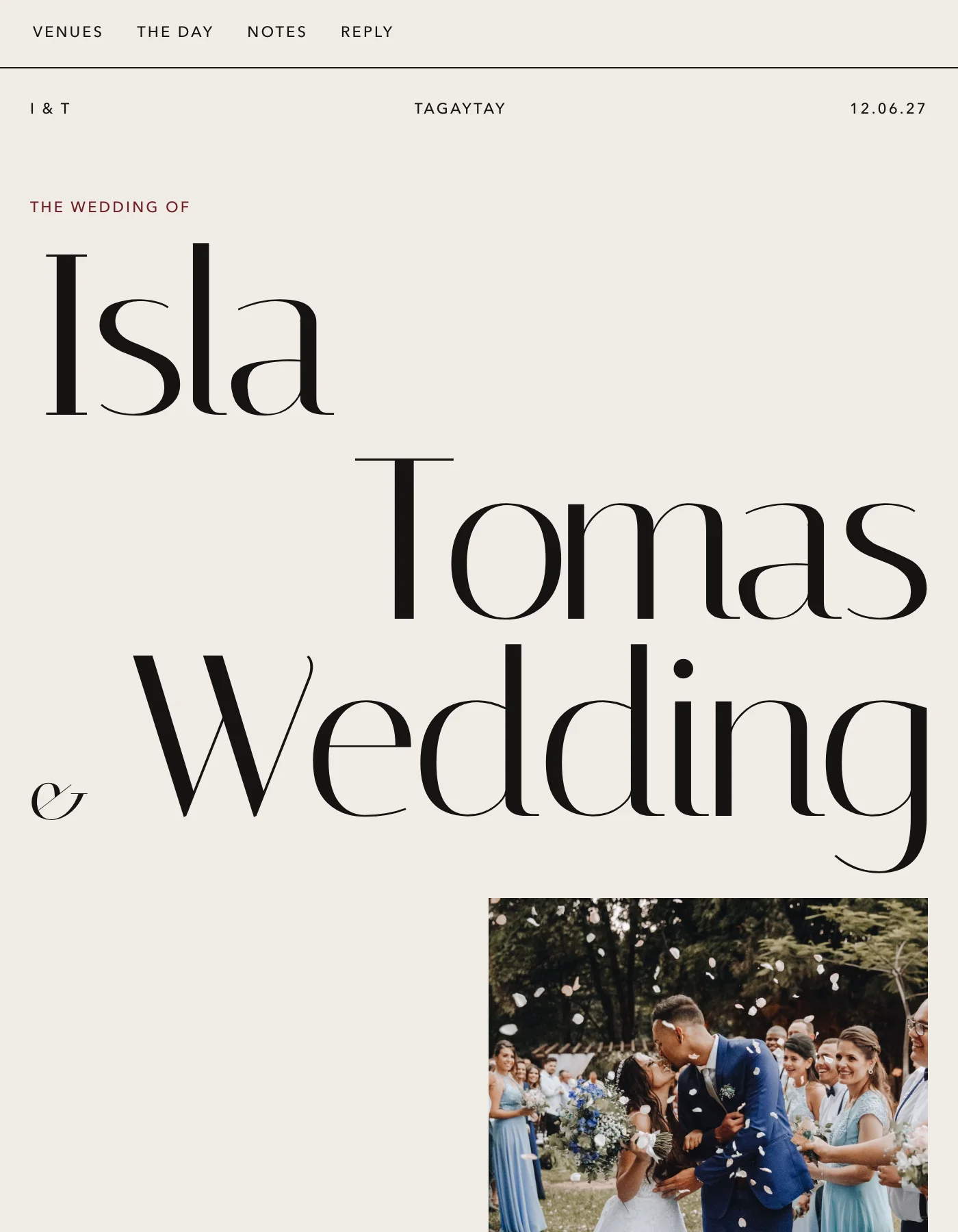 Maison sample invitation: oversized black serif names stacked across a bone-coloured page like a fashion magazine cover, with a small wedding photo