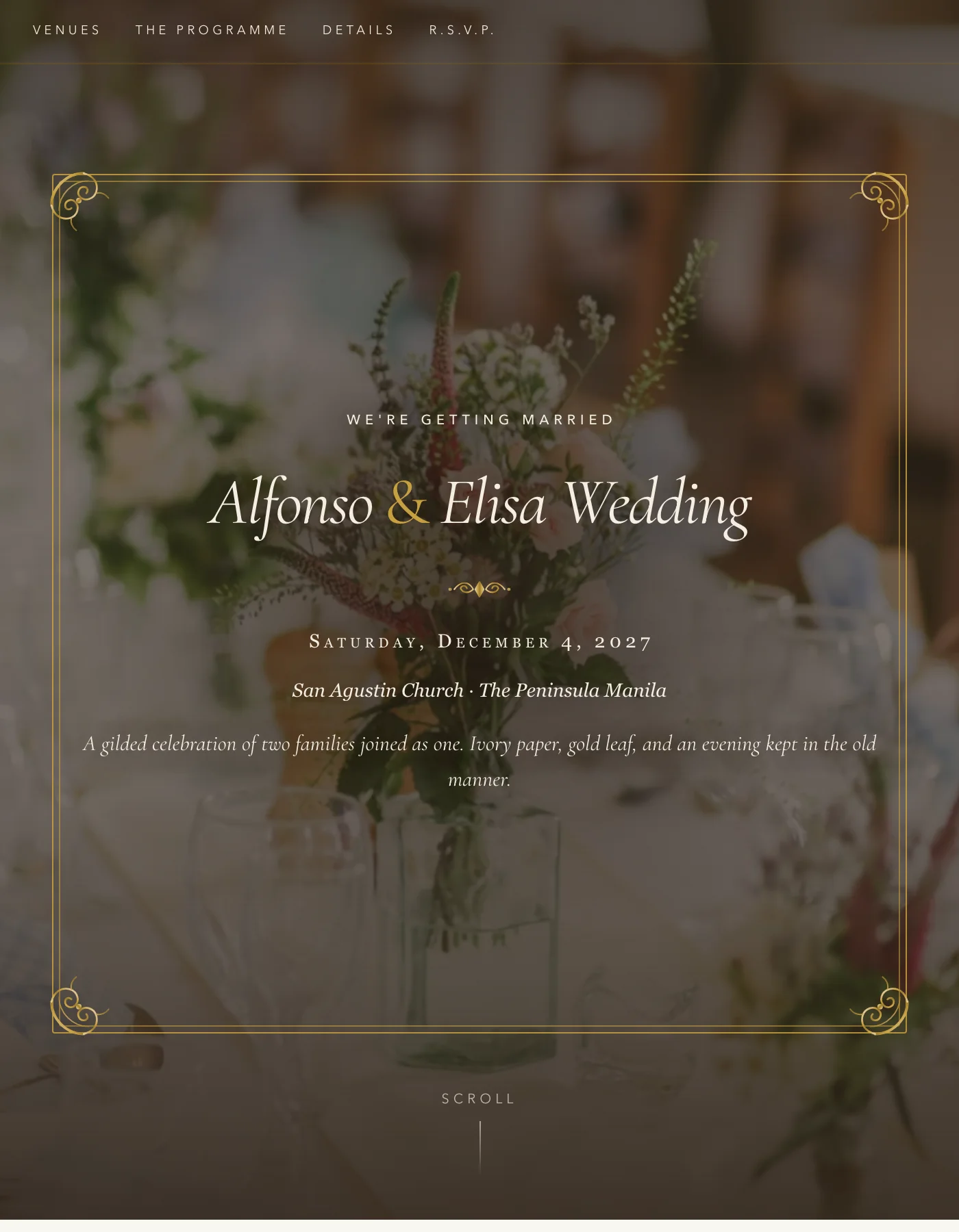 Regal sample invitation: couple's names in gold script inside a gilded baroque frame over a softly blurred reception photo