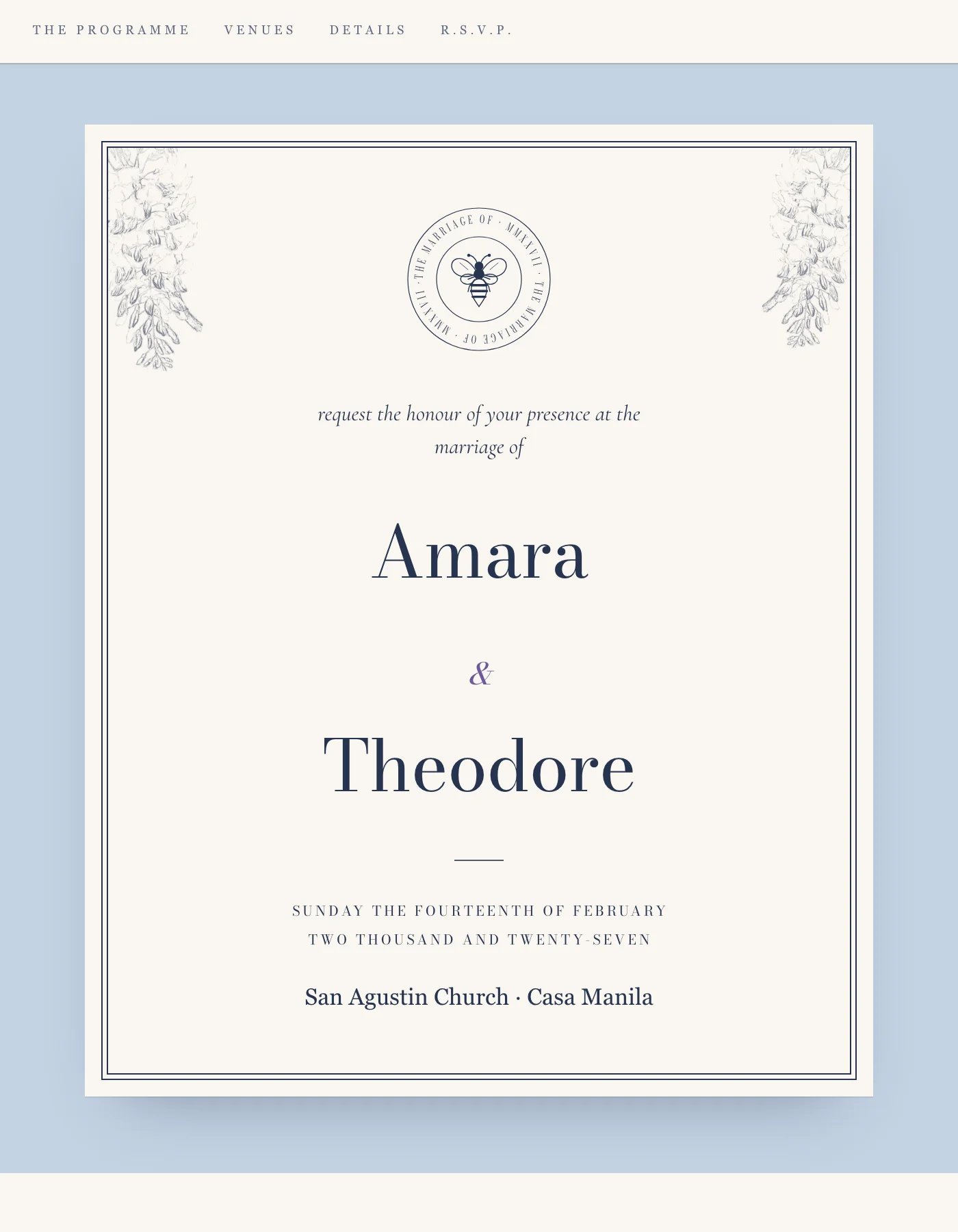 Regency sample invitation: an engraved-style ivory card with wisteria drawings and a round bee crest, set on a powder blue background